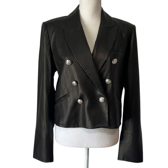 Veronica Beard Nevis Lamb Leather Blazer Jacket Cropped Black Silver Size 10 - Picture 3 of 10